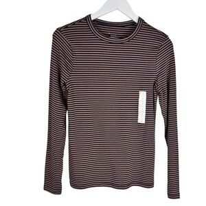 A New Day Womens Small Brown Striped Long Sleeve Ribbed Crew Neck Tee Top NEW